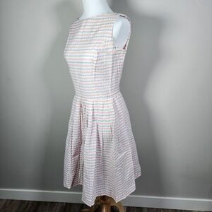 VTG 50s 60s Handmade Seersucker Dress Pink Blue Stripe Pleated Rockabilly Small‎